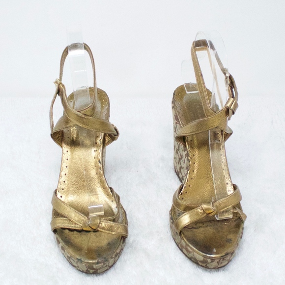 COACH Cathleen Sandals Brown Bronze Gold Wedge 6 - Picture 3 of 8